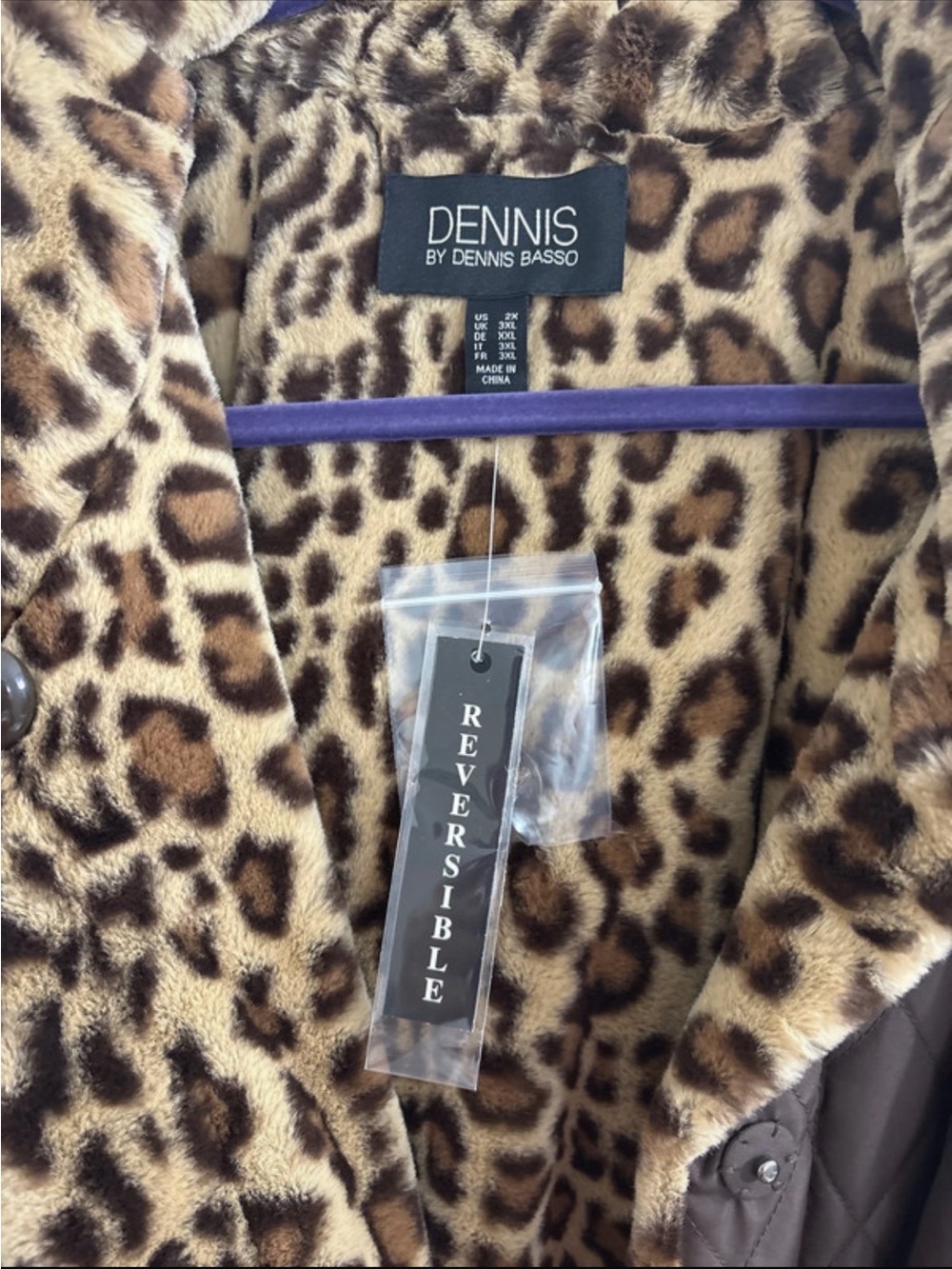 Dennis Basso Reversible Brown Quilted Coat with Leopard Faux-Fur. Size XXL. New - Picture 5 of 9